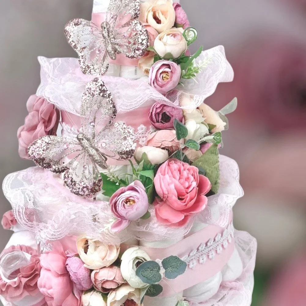 Peonies Diaper Cake, Butterflies Diaper Cake